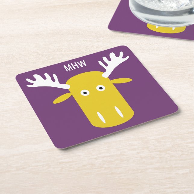Moose Head Pop Art custom monogram paper coasters (Angled)