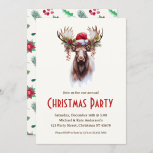 Moose in a Santa Hat Poinsettias Christmas Party I Invitation