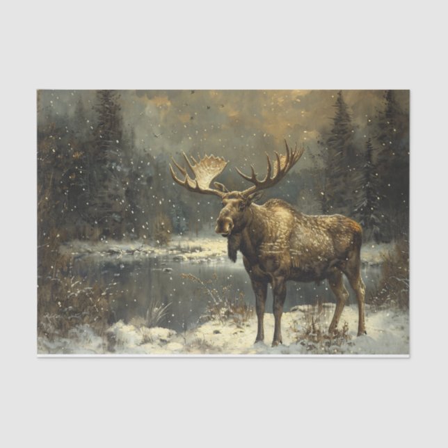 Moose in a Winter Landscape Painting Decoupage Tissue Paper (Front)