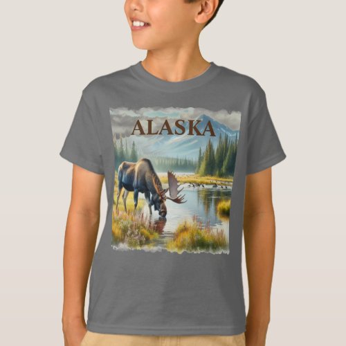 Moose in Alaska Watercolor Kids T_Shirt