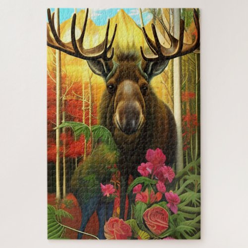 Moose in an Autumn Forest with Flowers Jigsaw Puzzle