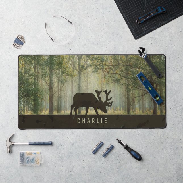 Moose in Forest Illustration Personalized Desk Mat (Workstation)