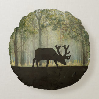 Moose in Forest Illustration Round Pillow