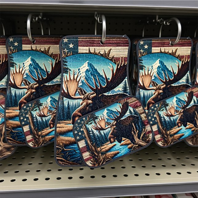 Moose in Front of Mountain and American Flag Car Floor Mat (Creator Uploaded)