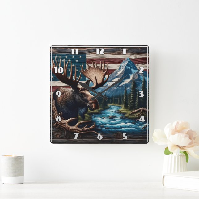 Moose in Front of Mountain and American Flag Square Wall Clock (Home)