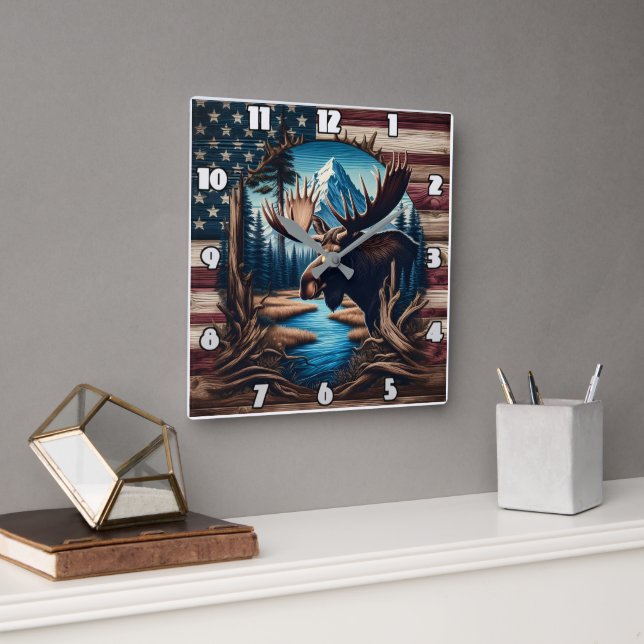 Moose in Front of Mountain and American Flag Square Wall Clock (Office)