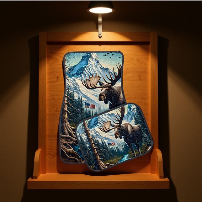 Moose in Mountain Landscape With American Flag Car Floor Mat (Creator Uploaded)