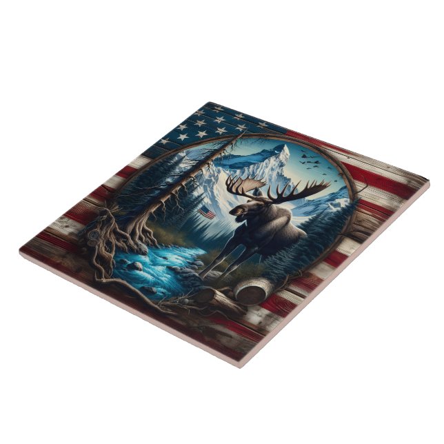 Moose in Mountain Landscape With American Flag Ceramic Tile (Side)