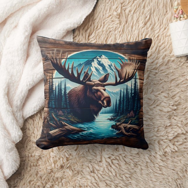 Moose in Mountain Landscape With River and Trees Throw Pillow (Blanket)