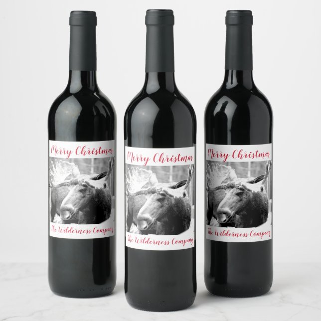 Moose In Snow Merry Christmas Winter Scene Wine Label (Bottles)