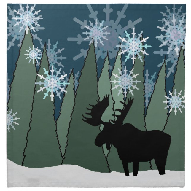 Moose in Snowflake Forest Cloth Napkin (Front)
