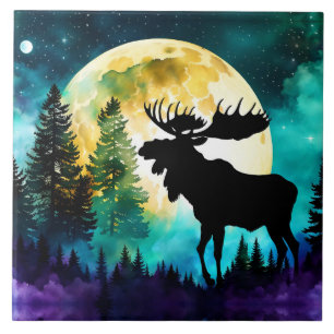 Moose in the forest Full moon Ceramic Tile