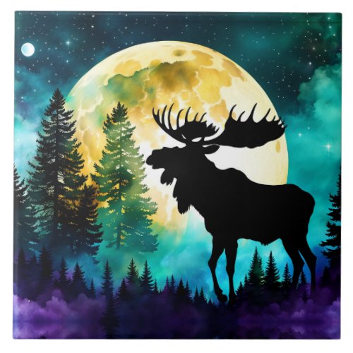 Moose in the forest Full moon  Ceramic Tile