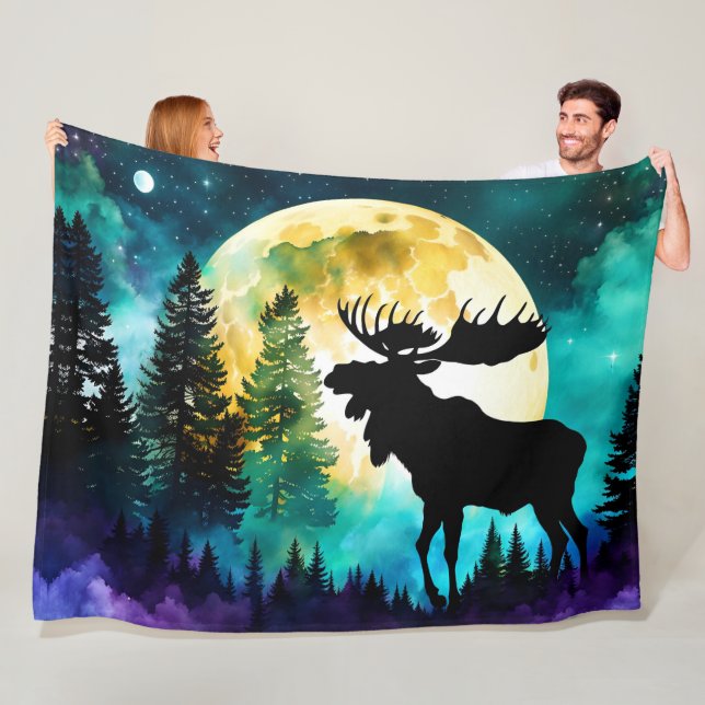 Moose in the forest Full moon  Fleece Blanket (In Situ)