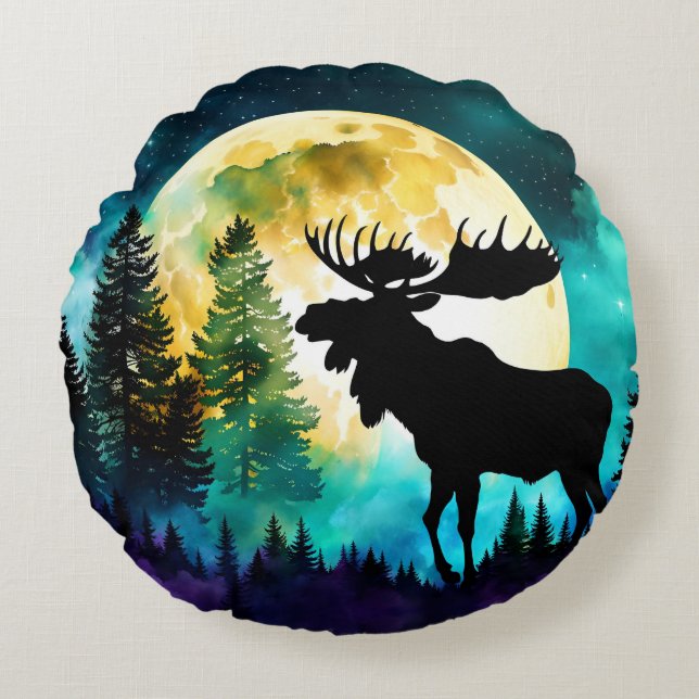 Moose in the forest Full moon  Round Pillow (Front)
