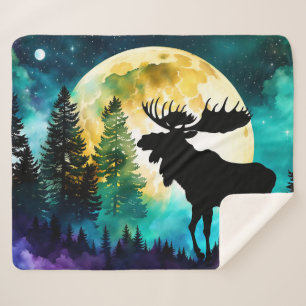 Moose in the forest Full moon  Sherpa Blanket