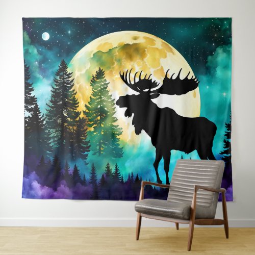 Moose in the forest Full moon  Tapestry