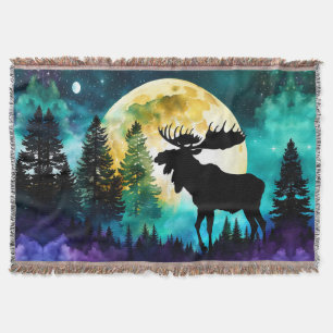 Moose in the forest Full moon Throw Blanket