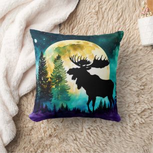 Moose in the forest Full moon  Throw Pillow