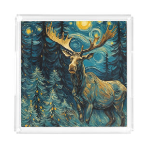 Moose in the Pine Forest Van Gogh Acrylic Tray