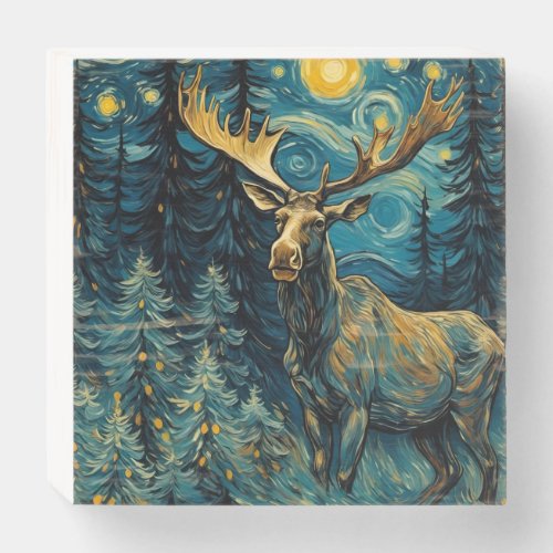 Moose in the Pine Forest Van Gogh Wooden Box Sign