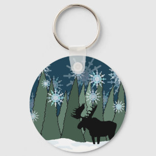 Moose in the Snowy Forest Keychain