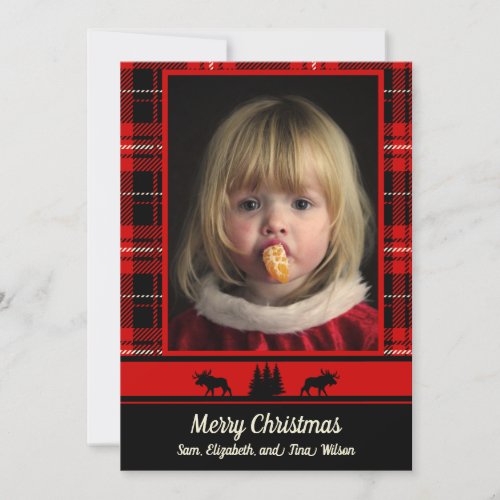 Moose in the Woods Red Plaid Photo Christmas Announcement