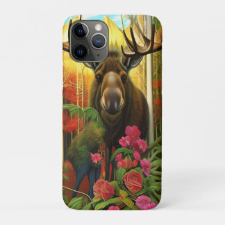 Moose in the woods with flowers AI Art iPhone 11 Pro Case