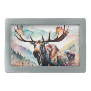 Moose in Wildflowers watercolor Belt Buckle
