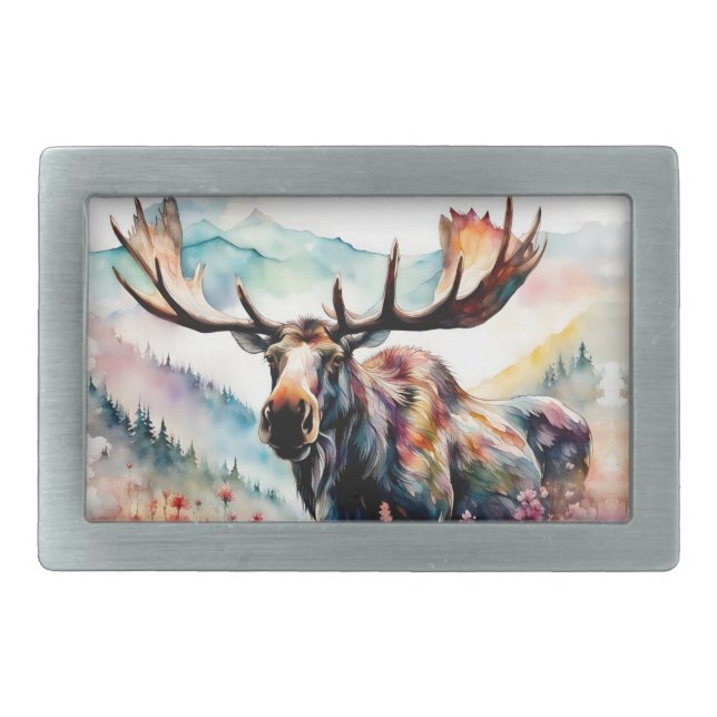 Moose in Wildflowers watercolor Belt Buckle (Front)