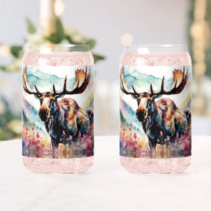 Moose in Wildflowers watercolor Can Glass