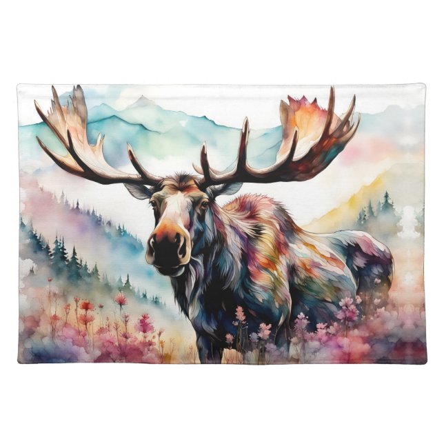 Moose in Wildflowers watercolor Cloth Placemat (Front)