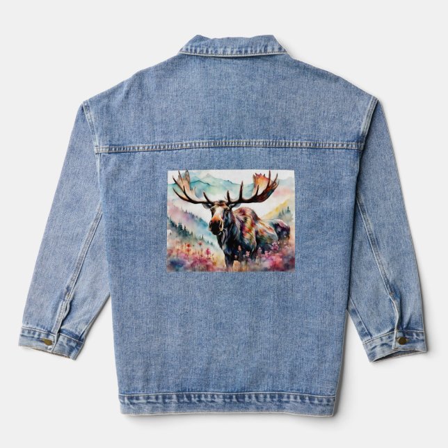 Moose in Wildflowers watercolor Denim Jacket (Back)