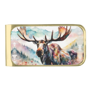 Moose in Wildflowers watercolor Gold Finish Money Clip