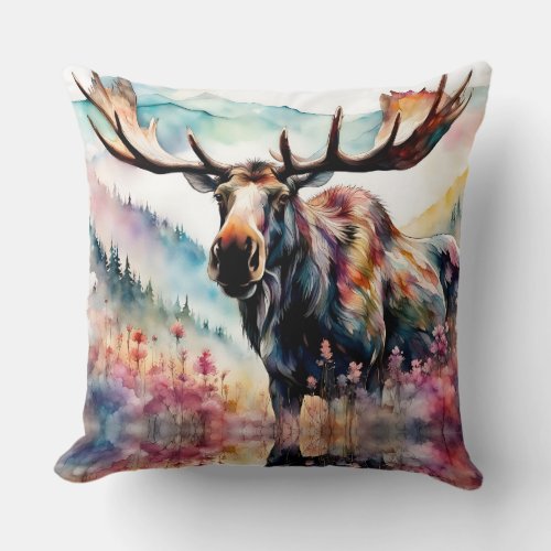 Moose in Wildflowers watercolor Throw Pillow