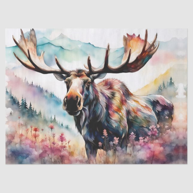 Moose in Wildflowers watercolor Tissue Paper (Front)
