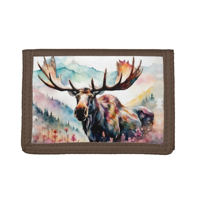 Moose in Wildflowers watercolor Trifold Wallet (Front)