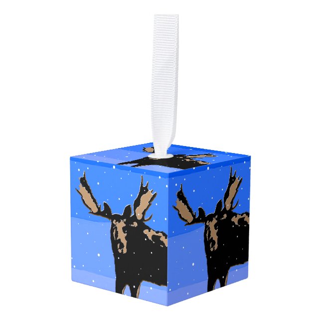 Moose in Winter  - Original Wildlife Art Cube Ornament (Front Angled)