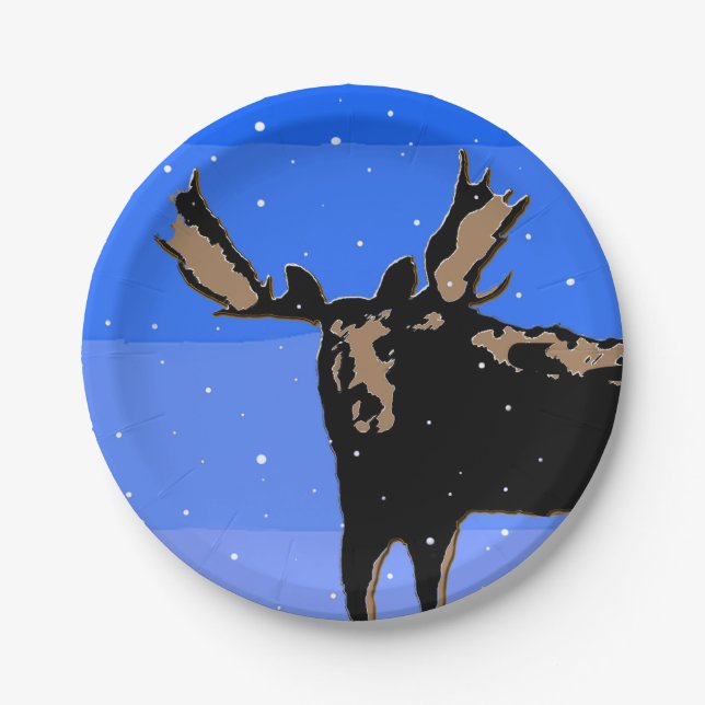 Moose in Winter  - Original Wildlife Art Paper Plates (Front)