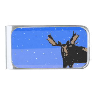 Moose in Winter - Original Wildlife Art Silver Finish Money Clip