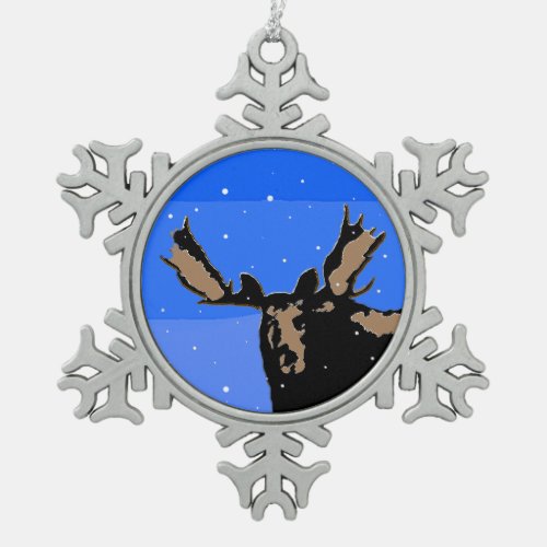Moose in Winter  _ Original Wildlife Art Snowflake Pewter Christmas Ornament