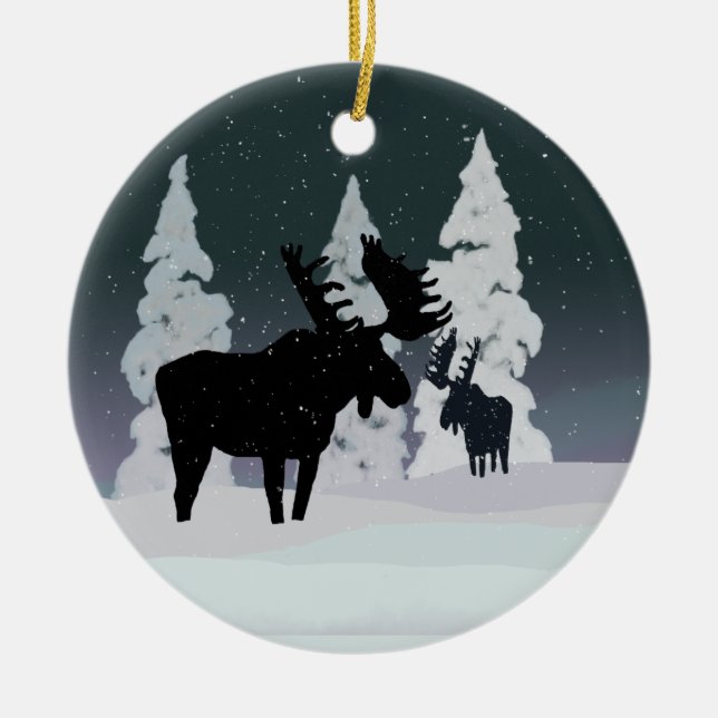 Moose in Winter Snow Ceramic Ornament (Front)
