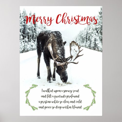 Moose In Winter Snow Photo Verse Merry Christmas Poster