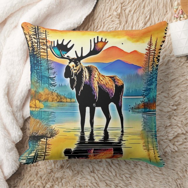 Moose Lake Sunset Majesty Throw Pillow (Blanket)