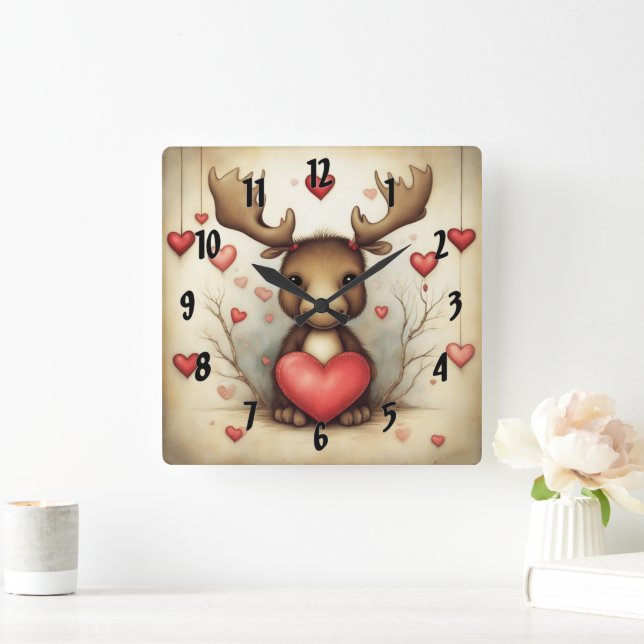 Moose Love 1 Square Wall Clock (Home)