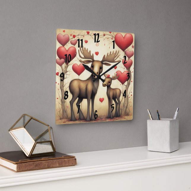 Moose Love 2 Square Wall Clock (Office)