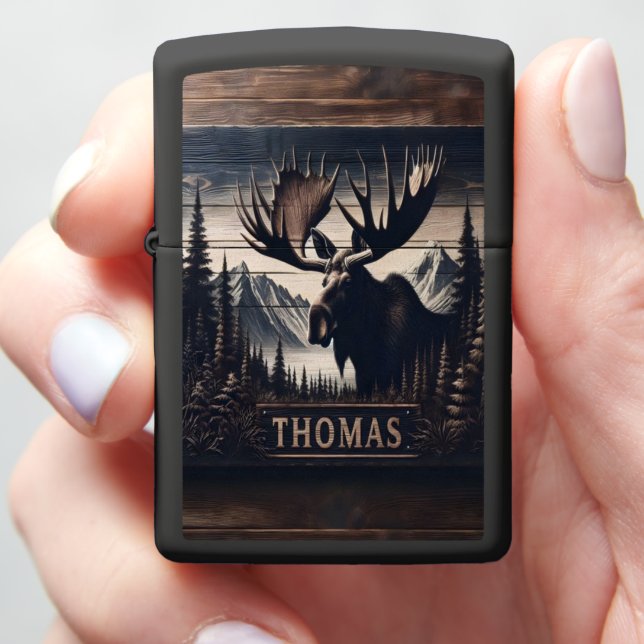 Moose & Mountains Sign Zippo Lighter (In Hand)