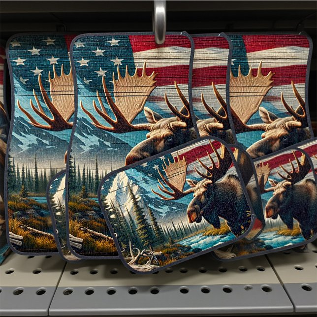 Moose Near River With Mountains and Flag Car Floor Mat (Creator Uploaded)