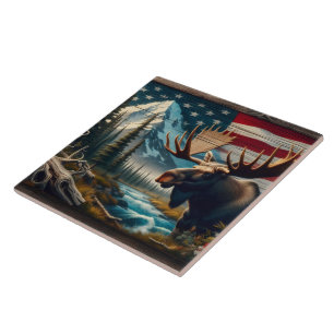 Moose Near River With Mountains and Flag Ceramic Tile