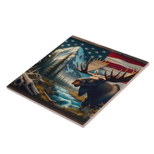 Moose Near River With Mountains and Flag Ceramic Tile (Side)